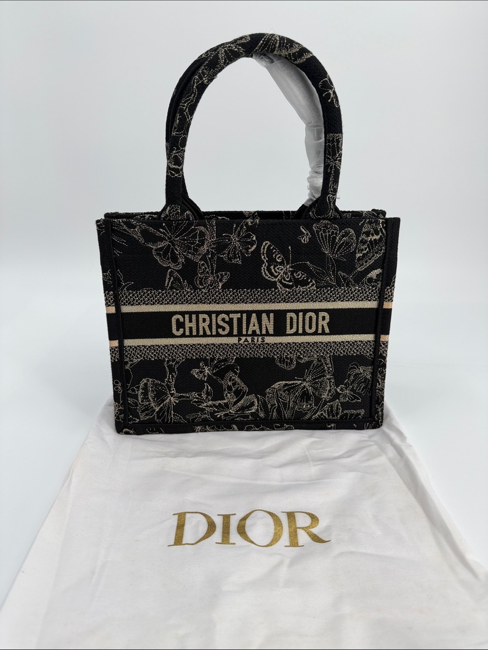 Small Black & Cream Floral Butterfly Book Tote